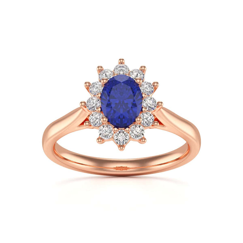 Oval Shape Blue Sapphire Engagement Ring - Diamond Halo Cluster in 18ct Gold and Platinum- Princess Diana Inspired