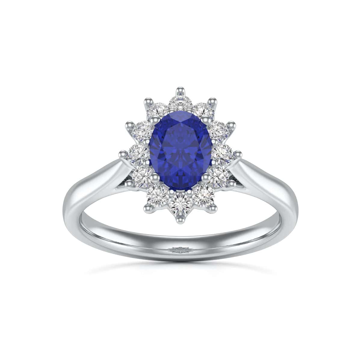 18ct Gold  Diamond Halo Blue Sapphire Engagement Ring - Oval Shape