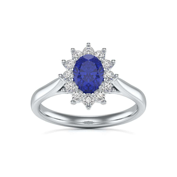Oval Shape Blue Sapphire Engagement Ring - Diamond Halo Cluster in 18ct Gold and Platinum- Princess Diana Inspired