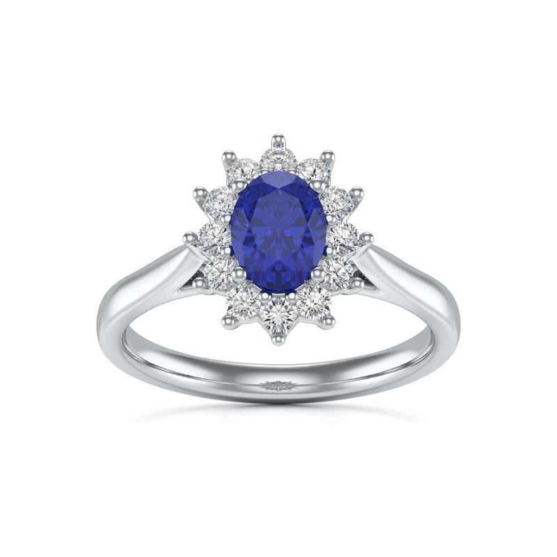 Oval Shape Blue Sapphire Engagement Ring - Diamond Halo Cluster in 18ct Gold and Platinum- Princess Diana Inspired