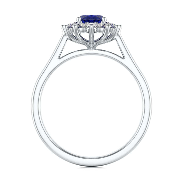 Oval Shape Blue Sapphire Engagement Ring - Diamond Halo Cluster in 18ct Gold and Platinum- Princess Diana Inspired