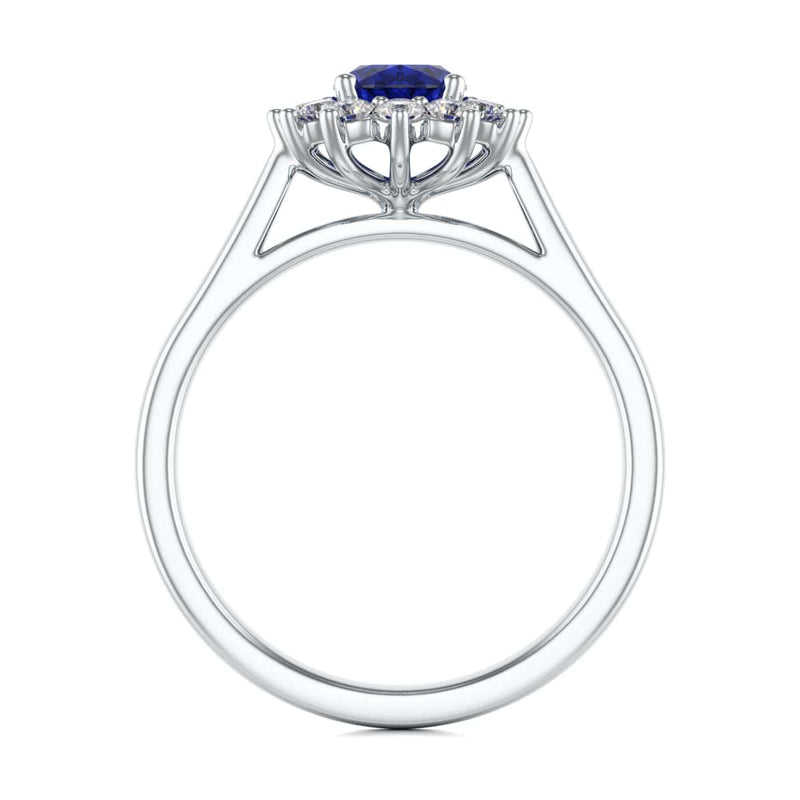 Oval Shape Blue Sapphire Engagement Ring - Diamond Halo Cluster in 18ct Gold and Platinum- Princess Diana Inspired