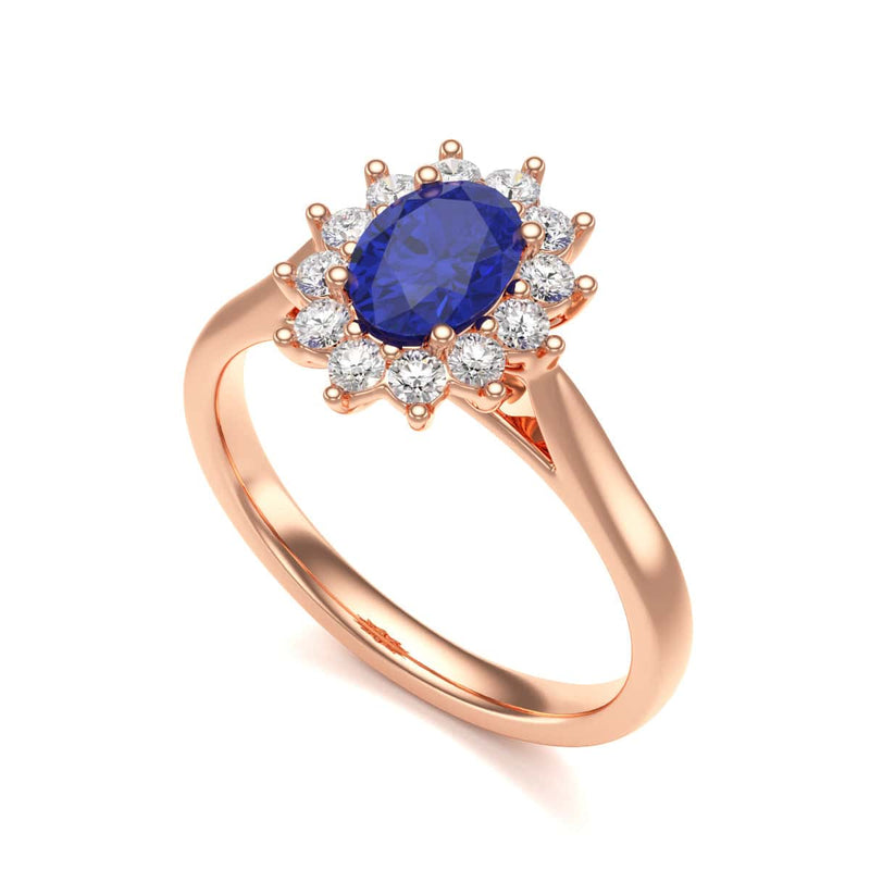 Oval Shape Blue Sapphire Engagement Ring - Diamond Halo Cluster in 18ct Gold and Platinum- Princess Diana Inspired
