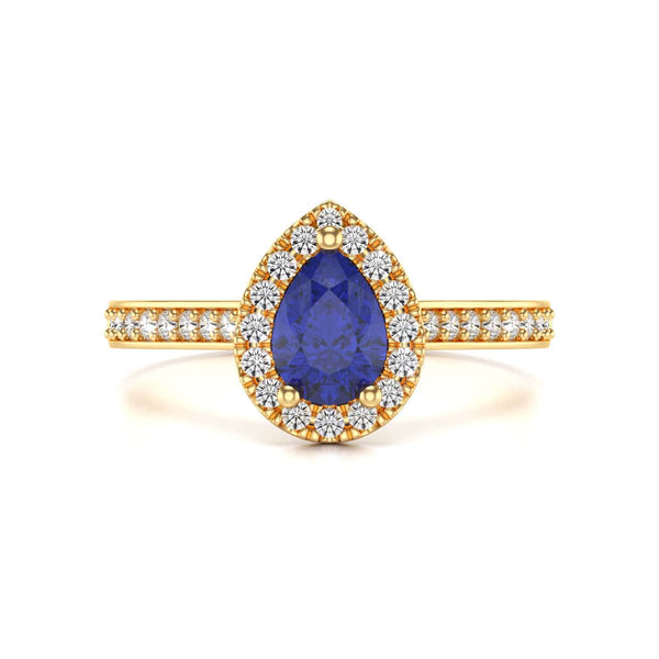Pear Shape Blue Sapphire Engagement Ring - Diamond Halo in 18ct Gold and Platinum