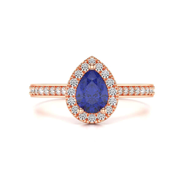 Pear Shape Blue Sapphire Engagement Ring - Diamond Halo in 18ct Gold and Platinum