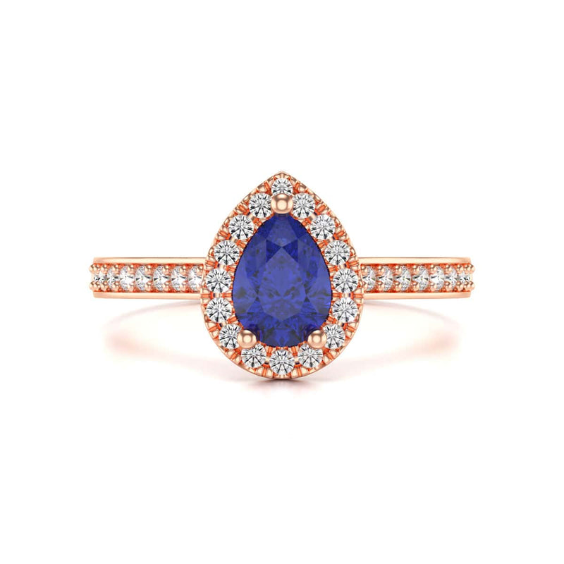 Pear Shape Blue Sapphire Engagement Ring - Diamond Halo in 18ct Gold and Platinum