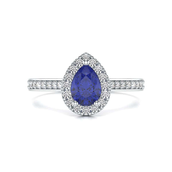 Pear Shape Blue Sapphire Engagement Ring - Diamond Halo in 18ct Gold and Platinum