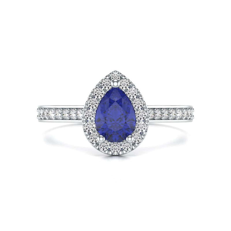 Pear Shape Blue Sapphire Engagement Ring - Diamond Halo in 18ct Gold and Platinum
