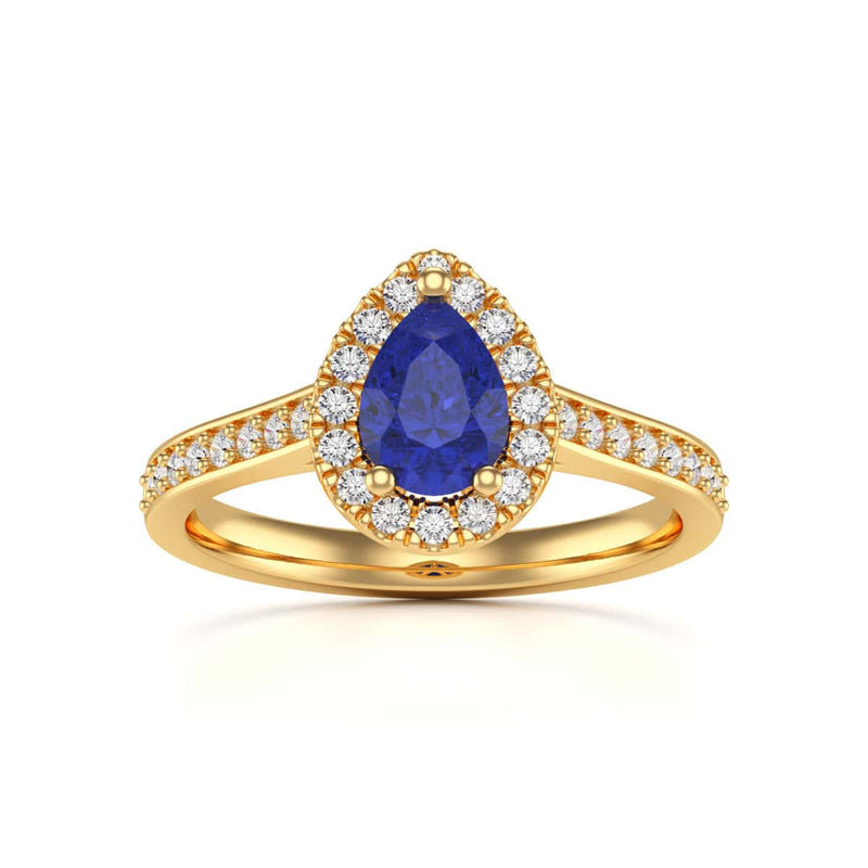 Pear Shape Blue Sapphire Engagement Ring - Diamond Halo in 18ct Gold and Platinum