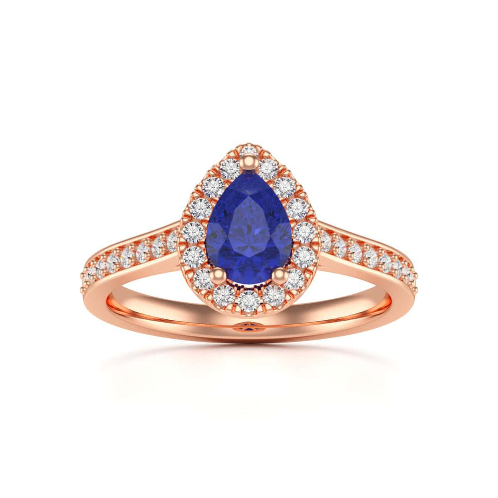 Pear Shape Blue Sapphire Engagement Ring - Diamond Halo in 18ct Gold and Platinum