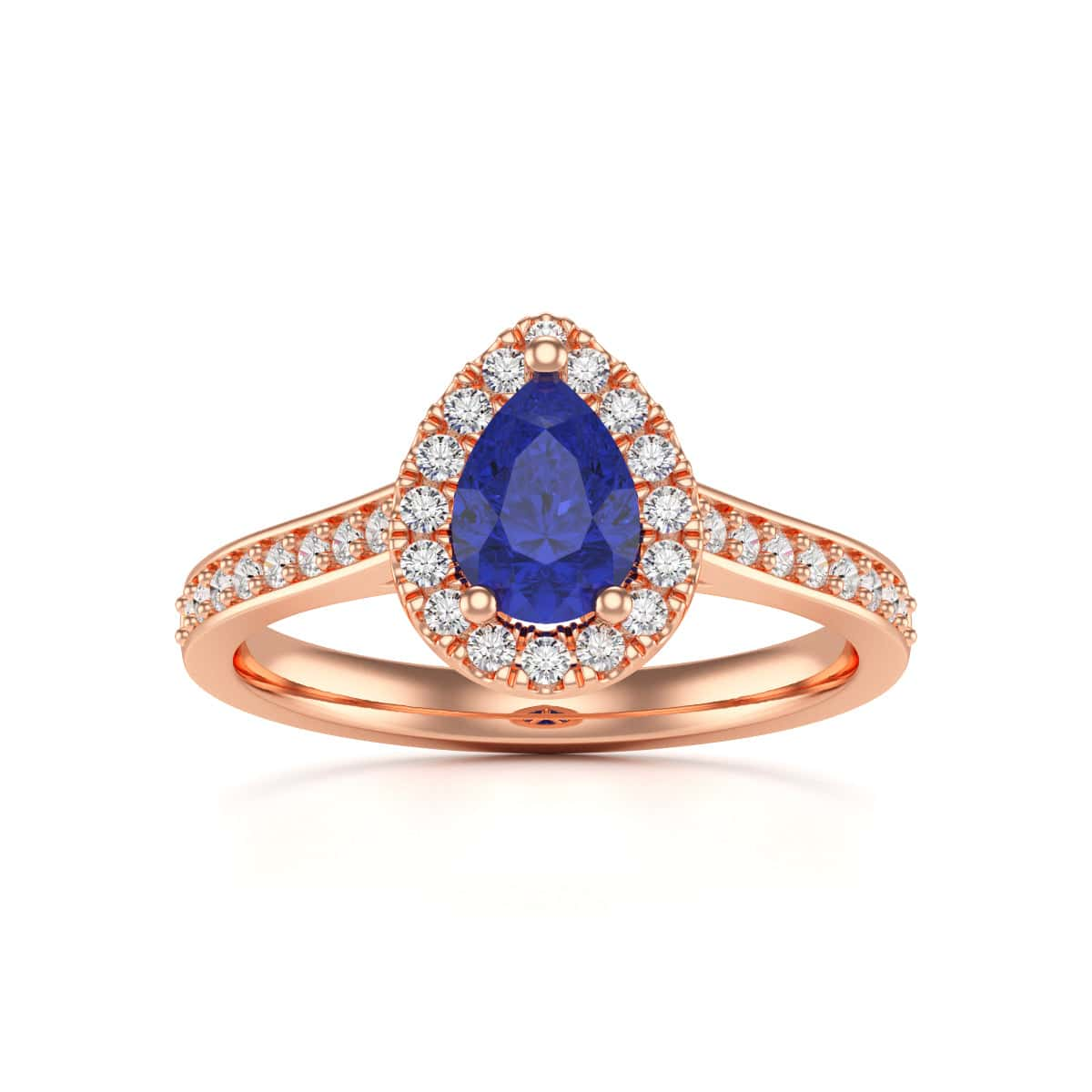 Pear Shape Blue Sapphire Diamond Halo Ring with Diamond Set Shoulders