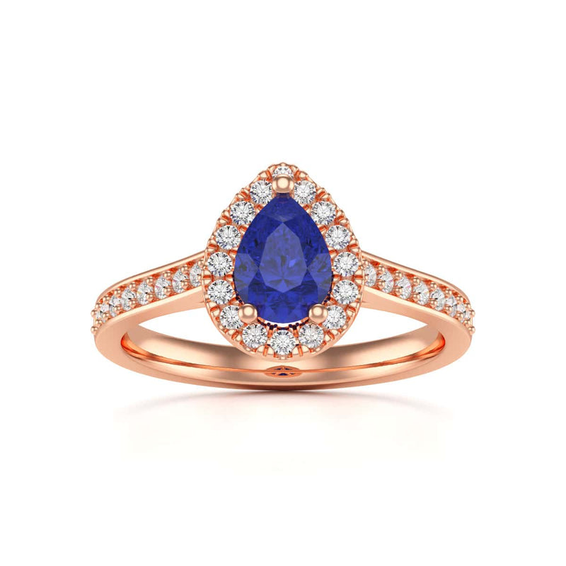 Pear Shape Blue Sapphire Engagement Ring - Diamond Halo in 18ct Gold and Platinum