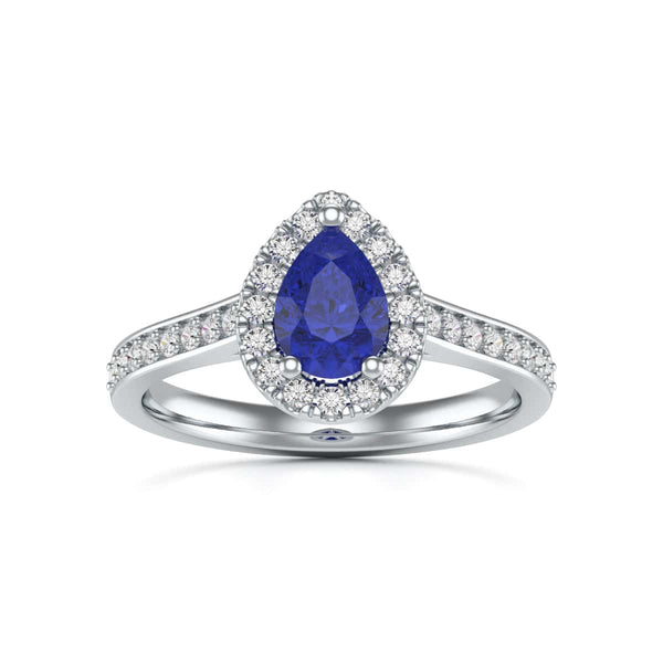 Pear Shape Blue Sapphire Engagement Ring - Diamond Halo in 18ct Gold and Platinum