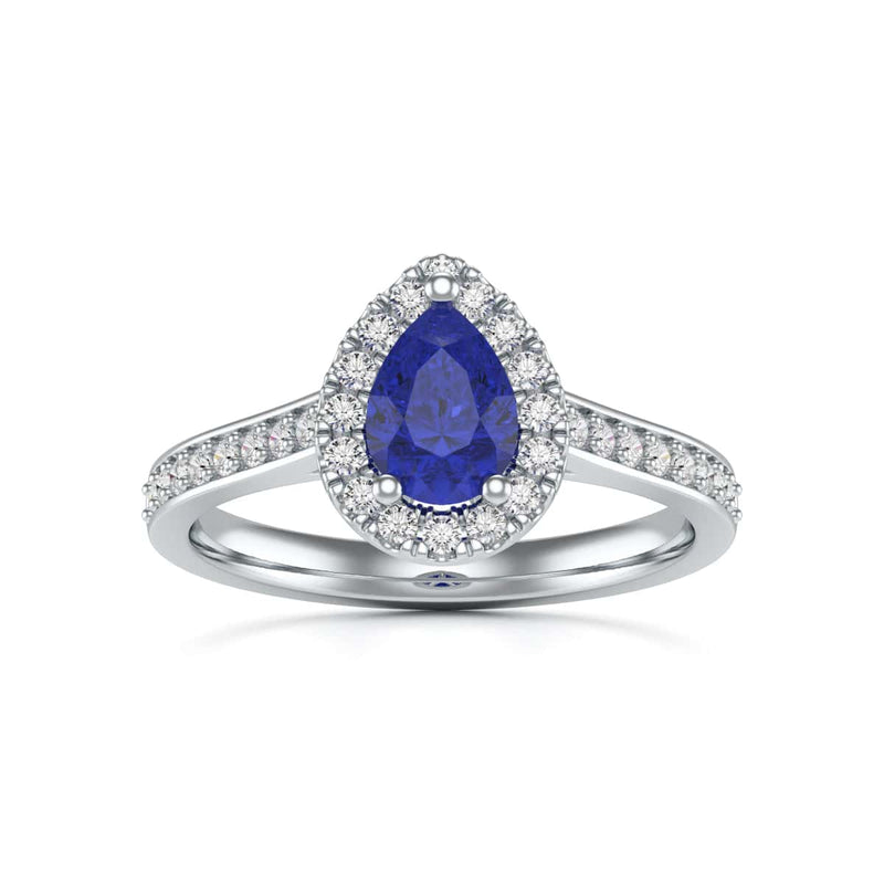 Pear Shape Blue Sapphire Engagement Ring - Diamond Halo in 18ct Gold and Platinum