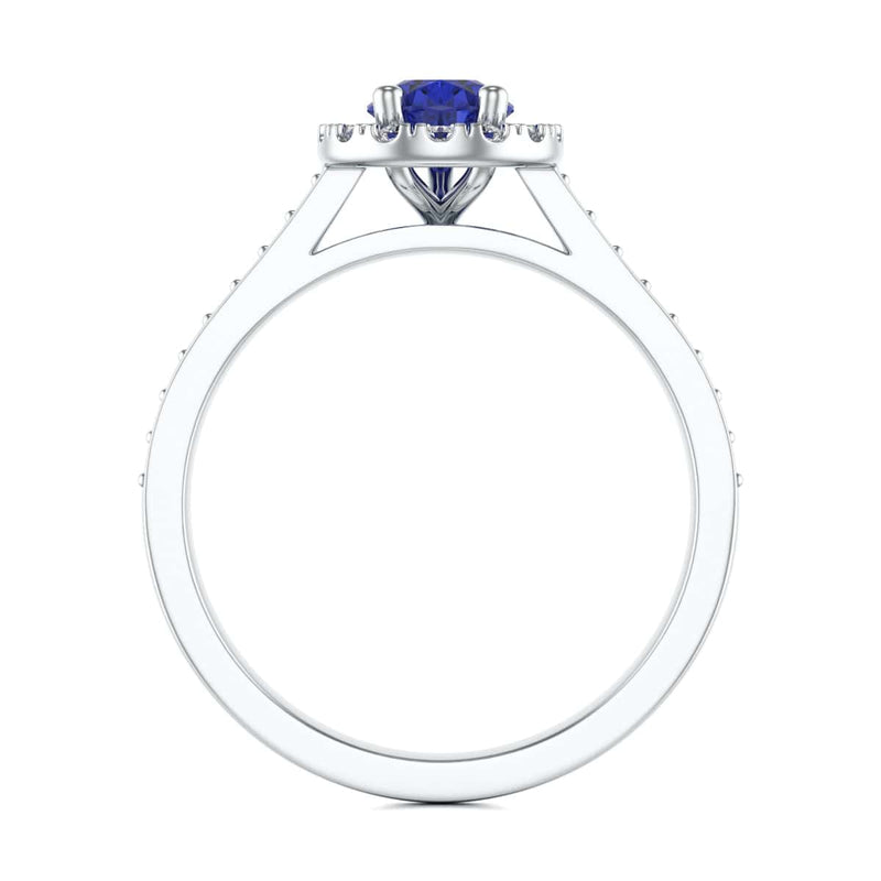 Pear Shape Blue Sapphire Engagement Ring - Diamond Halo in 18ct Gold and Platinum