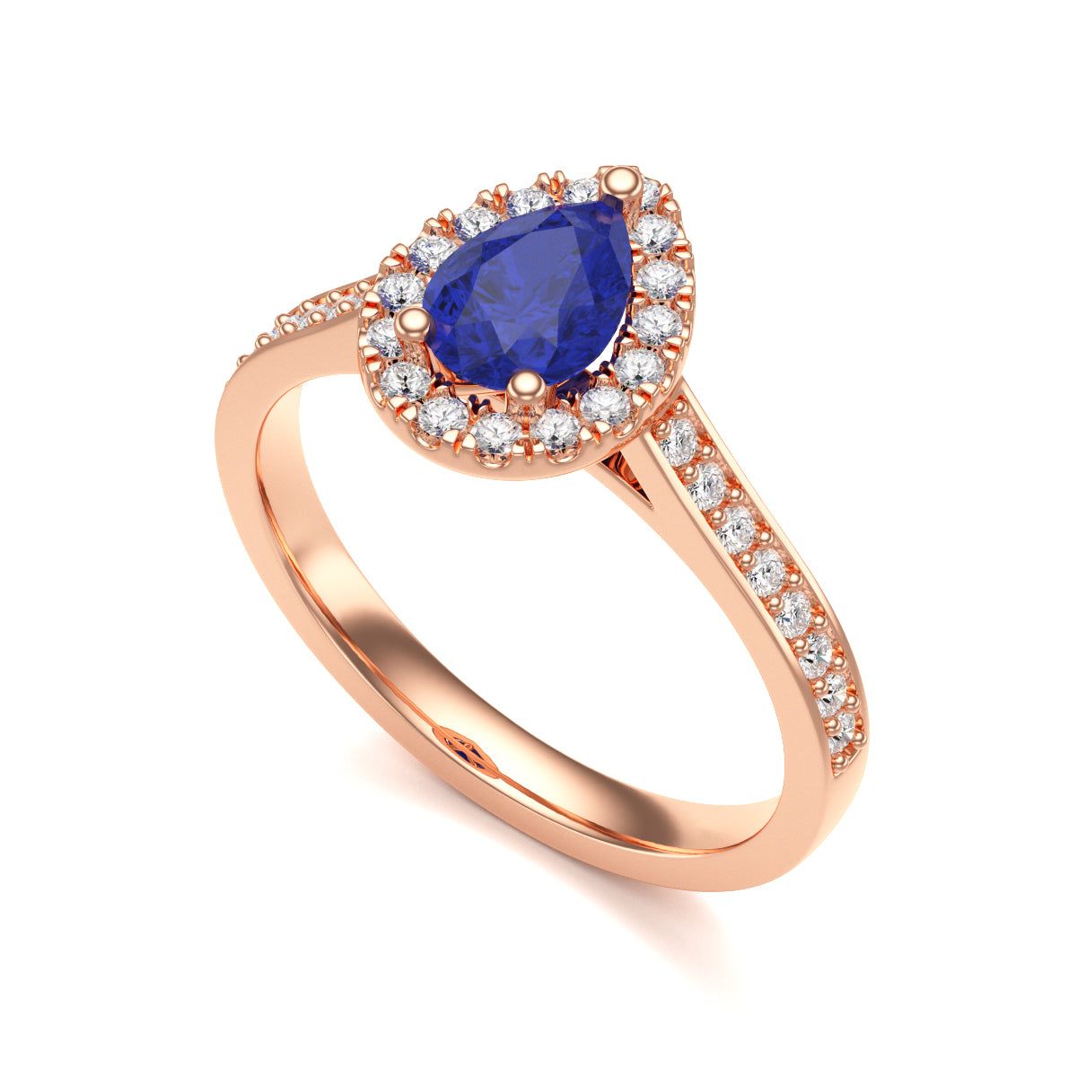 Pear Shape Blue Sapphire Diamond Halo Ring with Diamond Set Shoulders