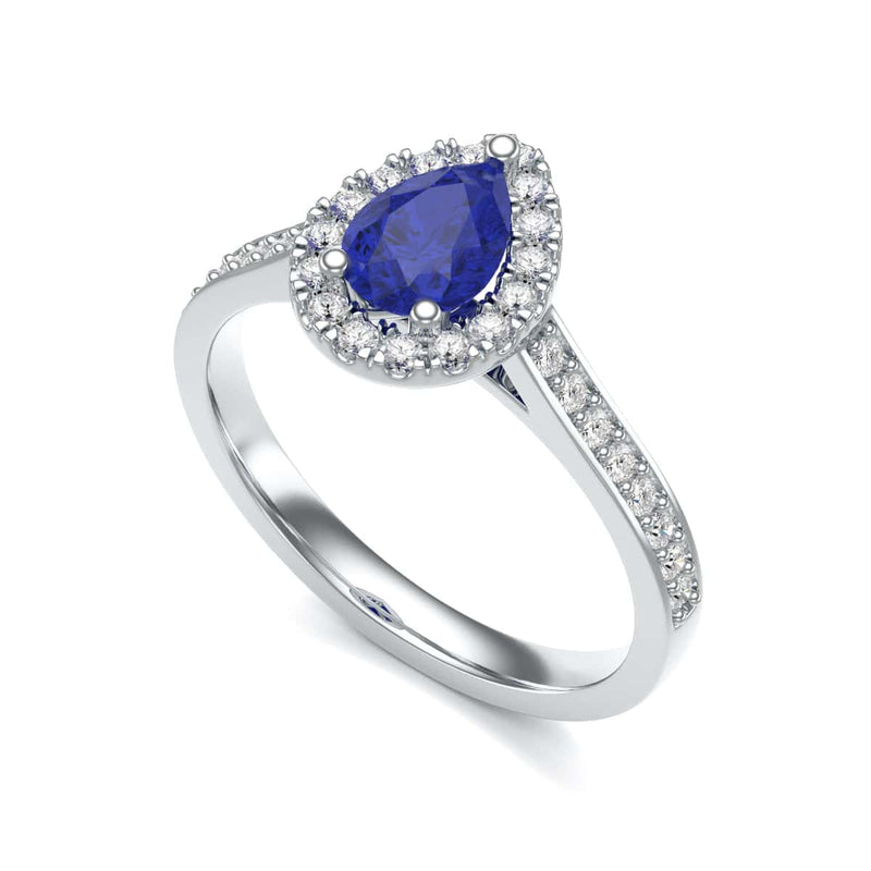 Pear Shape Blue Sapphire Engagement Ring - Diamond Halo in 18ct Gold and Platinum