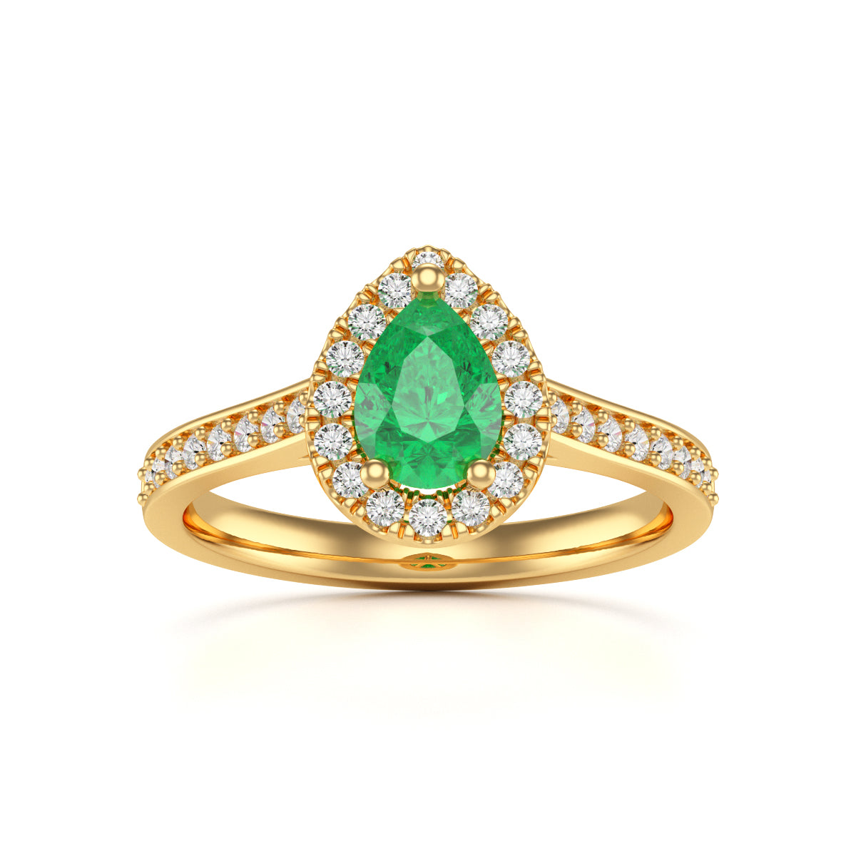 Pear Shape Emerald Diamond Halo Ring with Diamond Set Shoulders