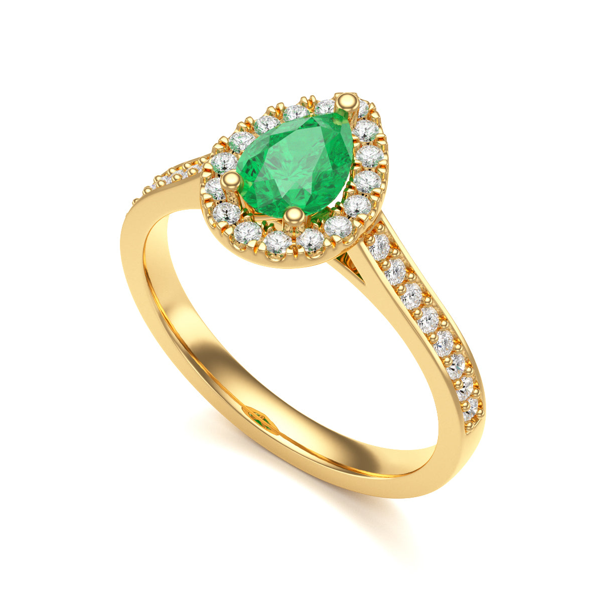 Pear Shape Emerald Diamond Halo Ring with Diamond Set Shoulders