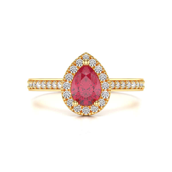 Pear Shape Ruby Engagement Ring - Diamond Halo in 18ct Gold and Platinum