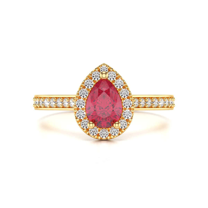Pear Shape Ruby Engagement Ring - Diamond Halo in 18ct Gold and Platinum