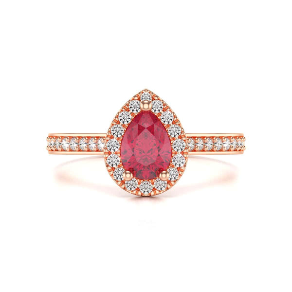 Pear Shape Ruby Engagement Ring - Diamond Halo in 18ct Gold and Platinum