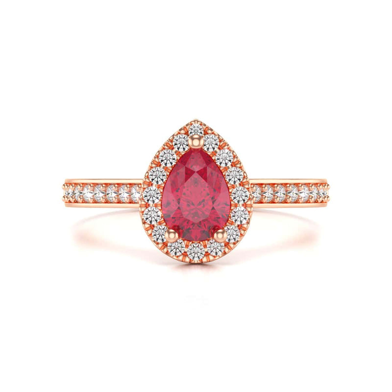 Pear Shape Ruby Engagement Ring - Diamond Halo in 18ct Gold and Platinum