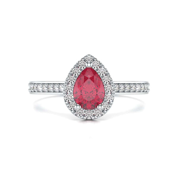 Pear Shape Ruby Engagement Ring - Diamond Halo in 18ct Gold and Platinum