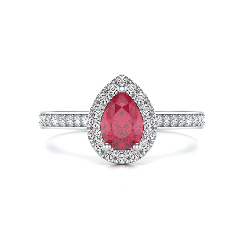 Pear Shape Ruby Engagement Ring - Diamond Halo in 18ct Gold and Platinum