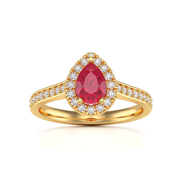 Pear Shape Ruby Engagement Ring - Diamond Halo in 18ct Gold and Platinum