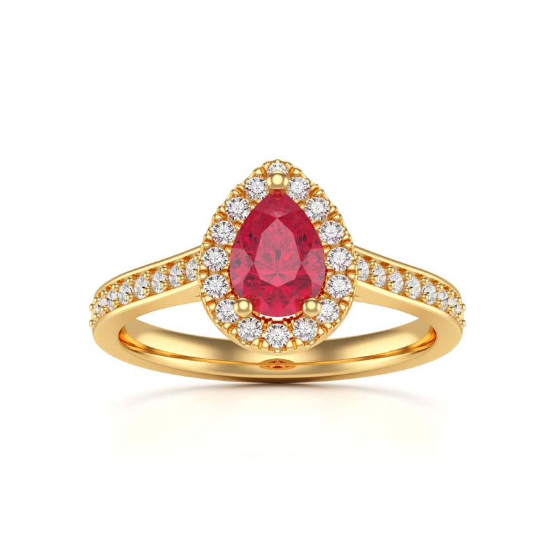 Pear Shape Ruby Engagement Ring - Diamond Halo in 18ct Gold and Platinum