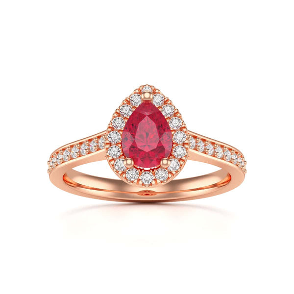 Pear Shape Ruby Engagement Ring - Diamond Halo in 18ct Gold and Platinum