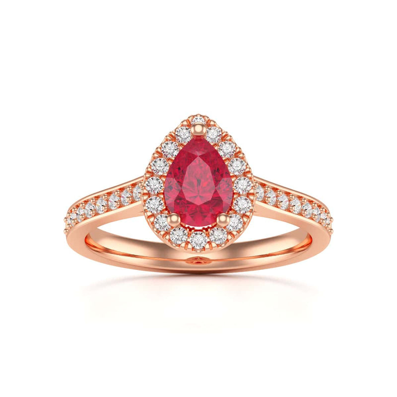 Pear Shape Ruby Engagement Ring - Diamond Halo in 18ct Gold and Platinum