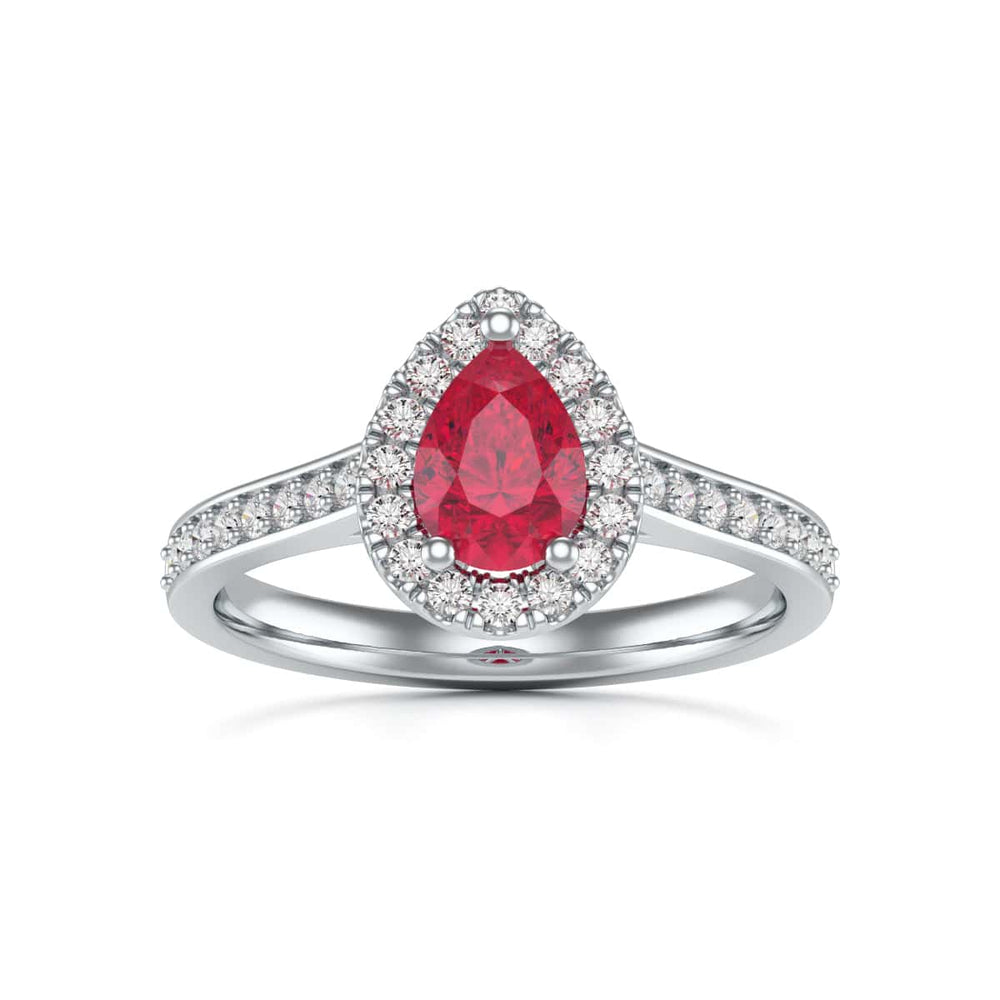 Pear Shape Ruby Engagement Ring - Diamond Halo in 18ct Gold and Platinum