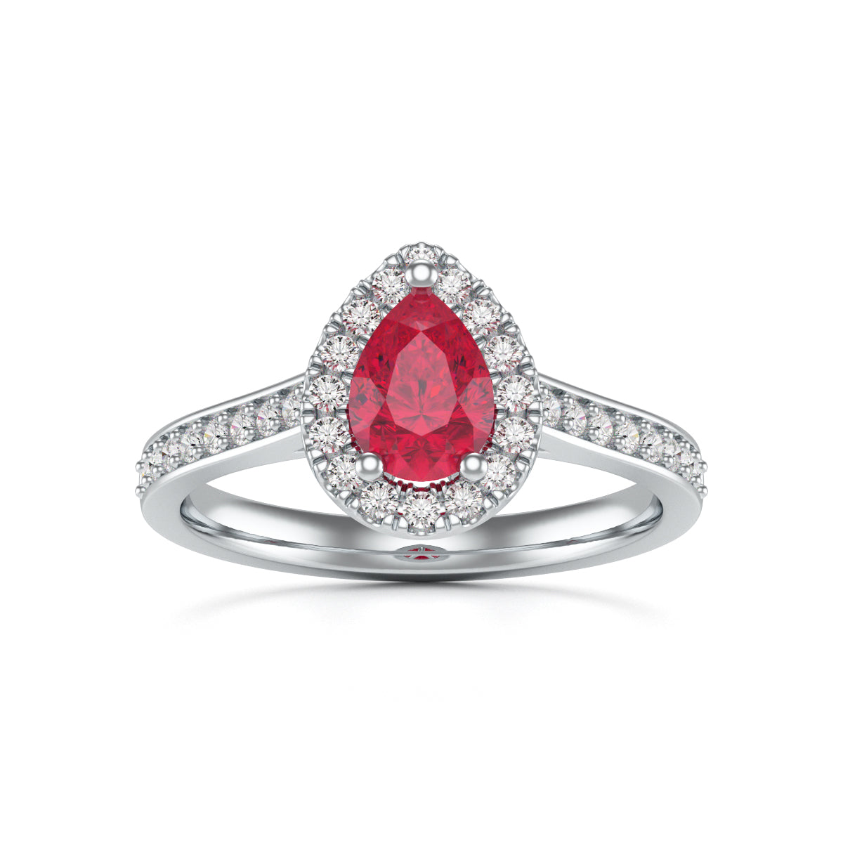 Pear Shape Ruby Diamond Halo Ring with Diamond Set Shoulders