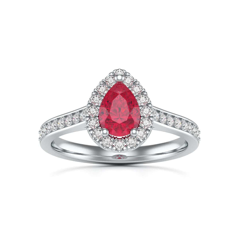 Pear Shape Ruby Engagement Ring - Diamond Halo in 18ct Gold and Platinum