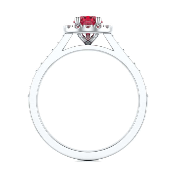 Pear Shape Ruby Engagement Ring - Diamond Halo in 18ct Gold and Platinum