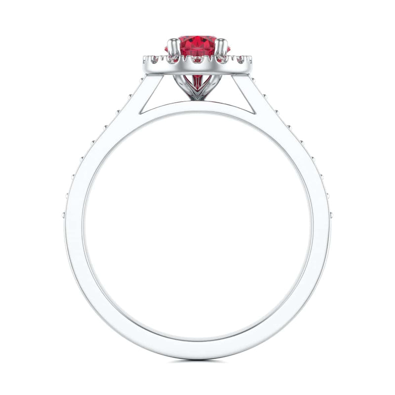 Pear Shape Ruby Engagement Ring - Diamond Halo in 18ct Gold and Platinum