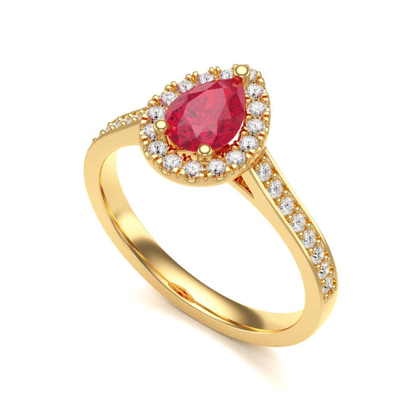 Pear Shape Ruby Engagement Ring - Diamond Halo in 18ct Gold and Platinum