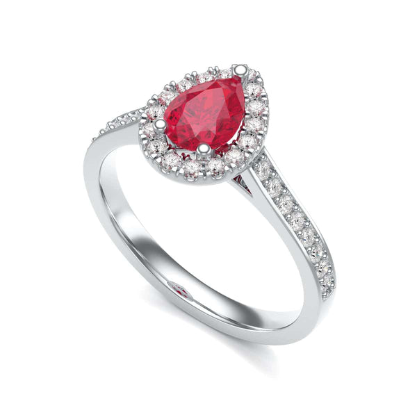 Pear Shape Ruby Engagement Ring - Diamond Halo in 18ct Gold and Platinum