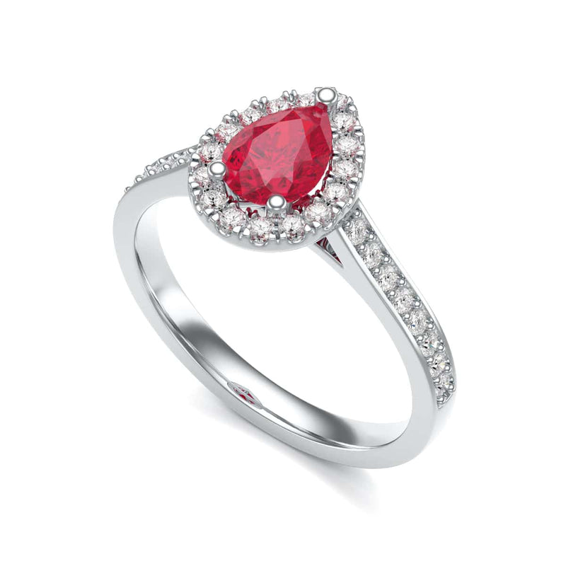 Pear Shape Ruby Engagement Ring - Diamond Halo in 18ct Gold and Platinum