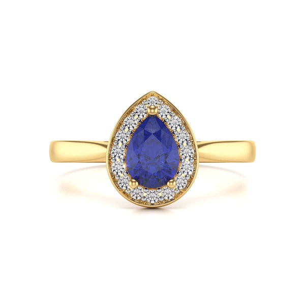 Diamond Halo Pear Shape Blue Sapphire Engagement Ring in 18ct Gold and Platinum