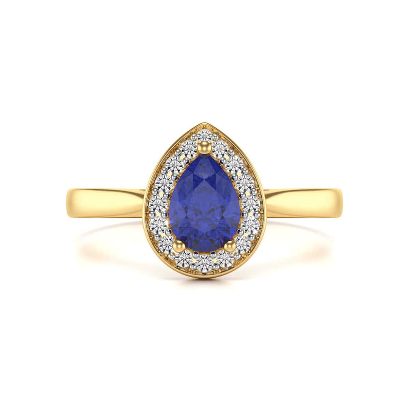 Diamond Halo Pear Shape Blue Sapphire Engagement Ring in 18ct Gold and Platinum