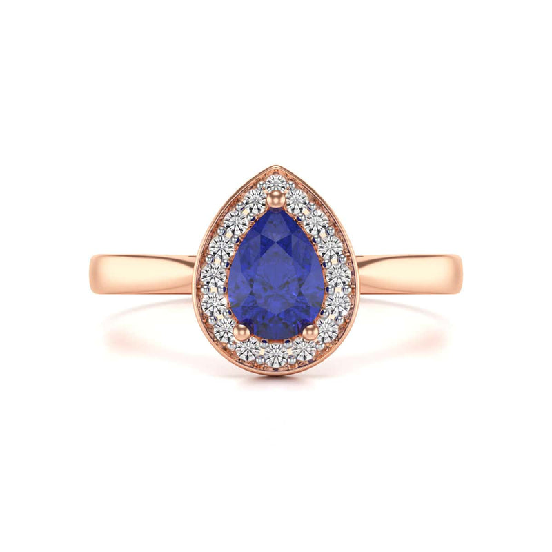 Diamond Halo Pear Shape Blue Sapphire Engagement Ring in 18ct Gold and Platinum