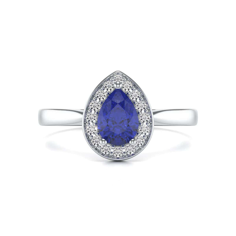 Diamond Halo Pear Shape Blue Sapphire Engagement Ring in 18ct Gold and Platinum