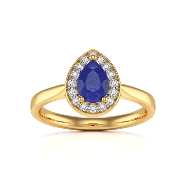 Diamond Halo Pear Shape Blue Sapphire Engagement Ring in 18ct Gold and Platinum
