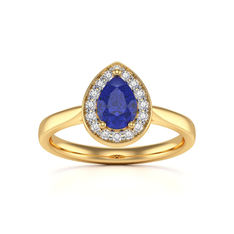 Diamond Halo Pear Shape Blue Sapphire Engagement Ring in 18ct Gold and Platinum