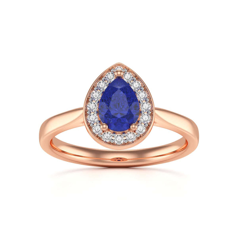 Diamond Halo Pear Shape Blue Sapphire Engagement Ring in 18ct Gold and Platinum