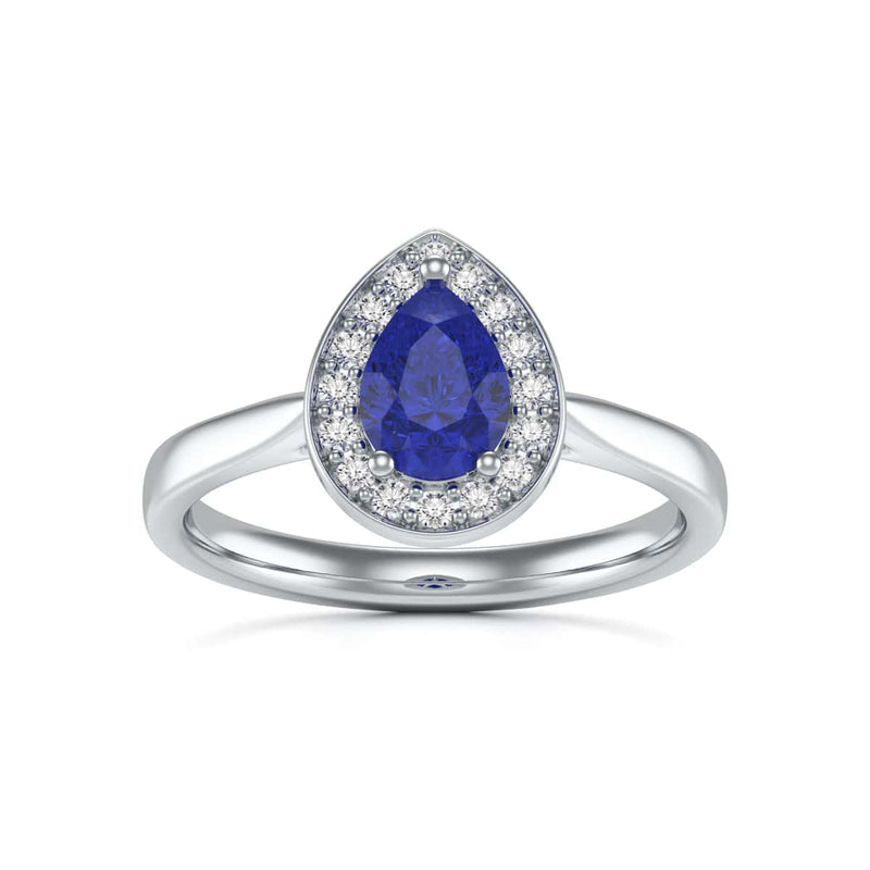 Diamond Halo Pear Shape Blue Sapphire Engagement Ring in 18ct Gold and Platinum
