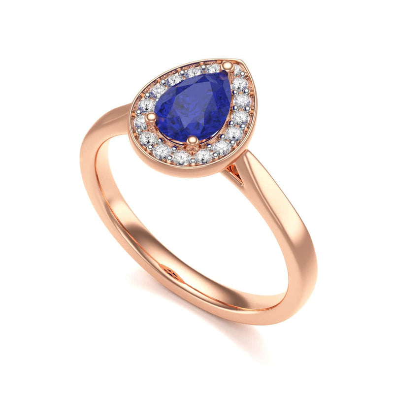 Diamond Halo Pear Shape Blue Sapphire Engagement Ring in 18ct Gold and Platinum